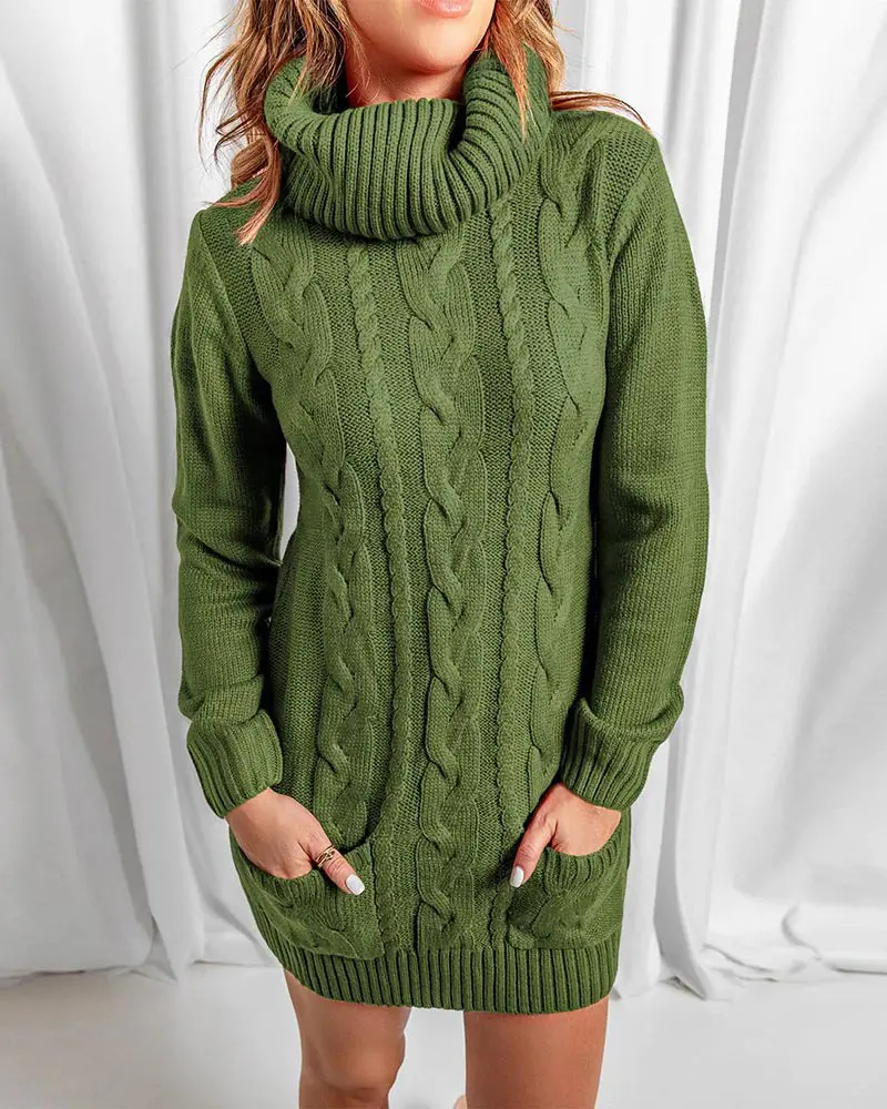 Long Sleeve Turtleneck Cable Knit Sweater Dress-Army Green