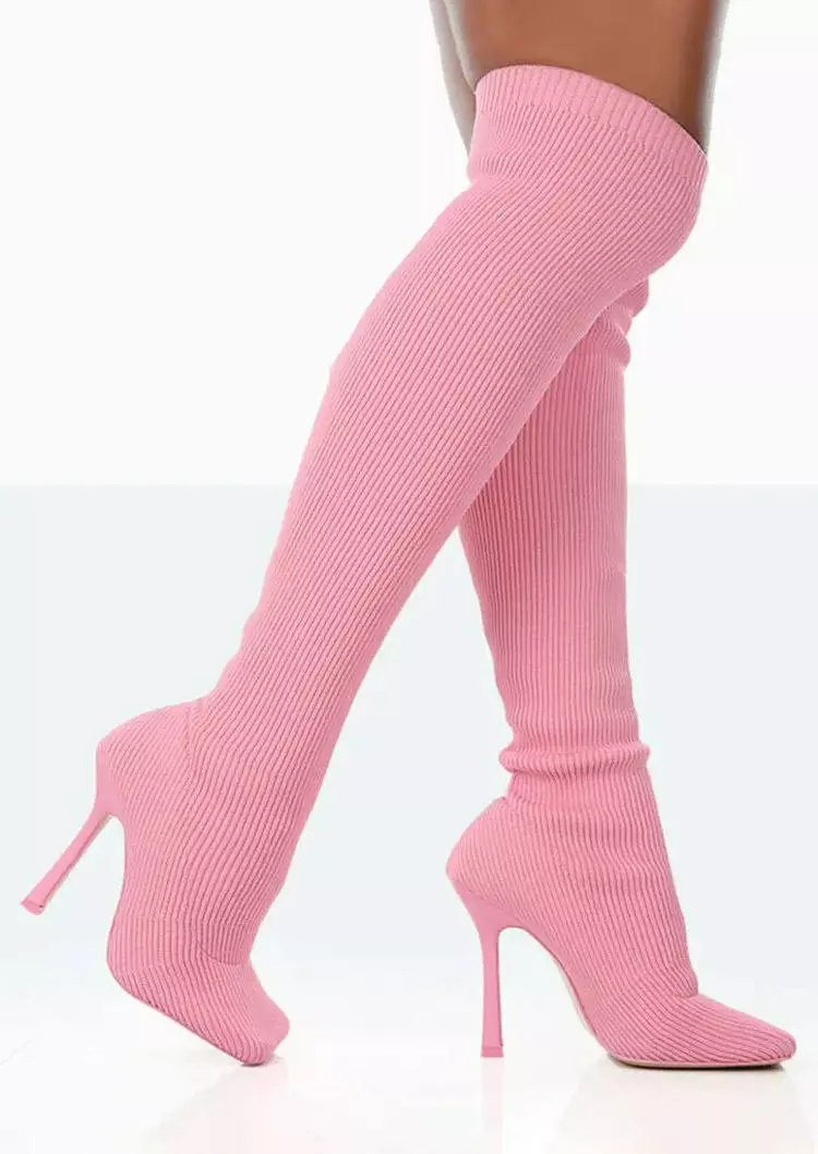 Pointed Toe Over Knee Heeled Boots - Pink
