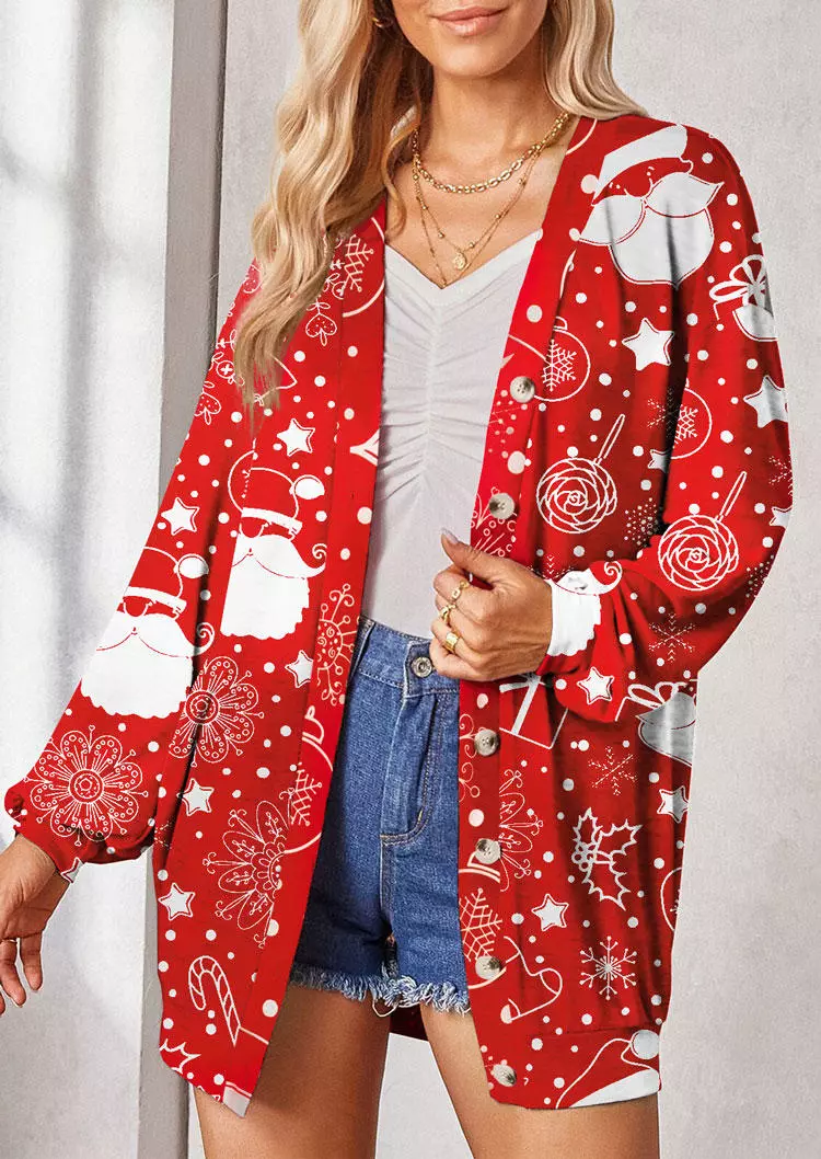 Christmas Star Button Long Sleeve Open Front Cardigan