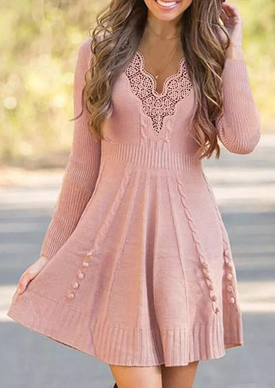 Lace Splicing Crochet Long Sleeve Sweater Mini Dress 