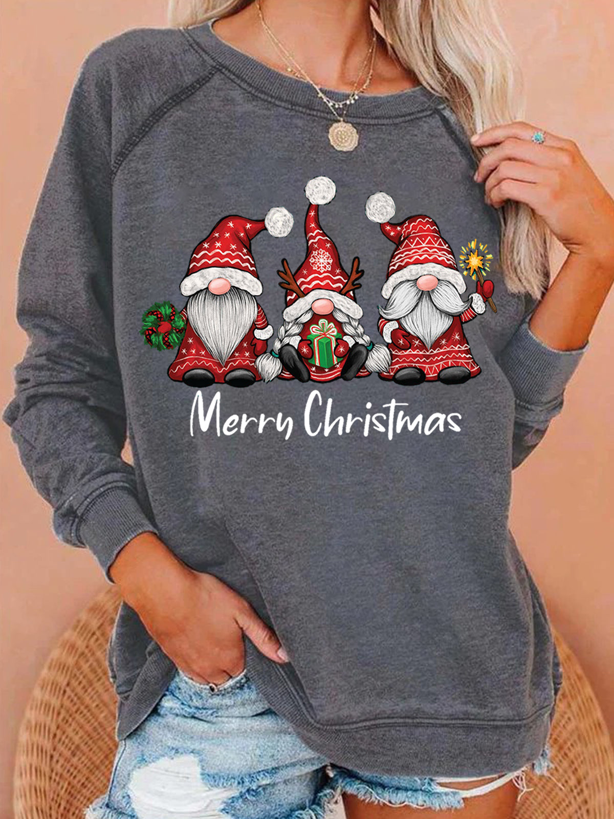 Merry Christmas Gnomes Print Long Sleeve Sweatshirts