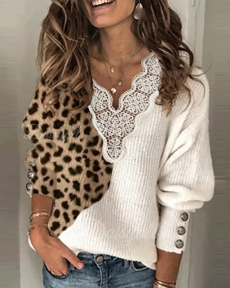 Cheetah Print Lantern Sleeve Lace Trim Sweater