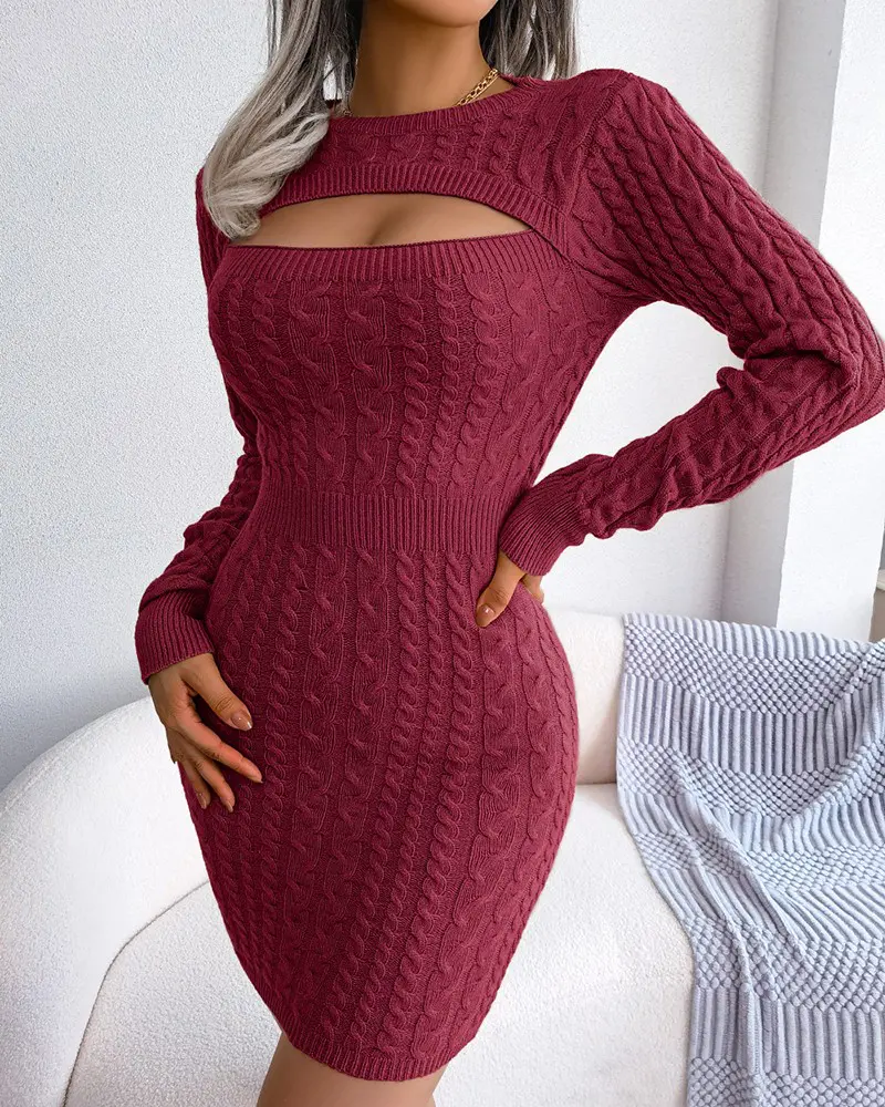 Cutout Front Long Sleeve Sweater Dress-Wine Red