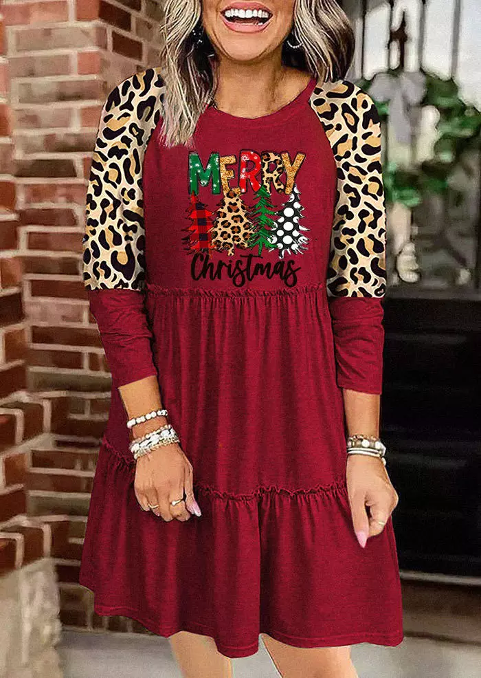 Merry Christmas Leopard Plaid Tree Ruffled Mini Dress - Red