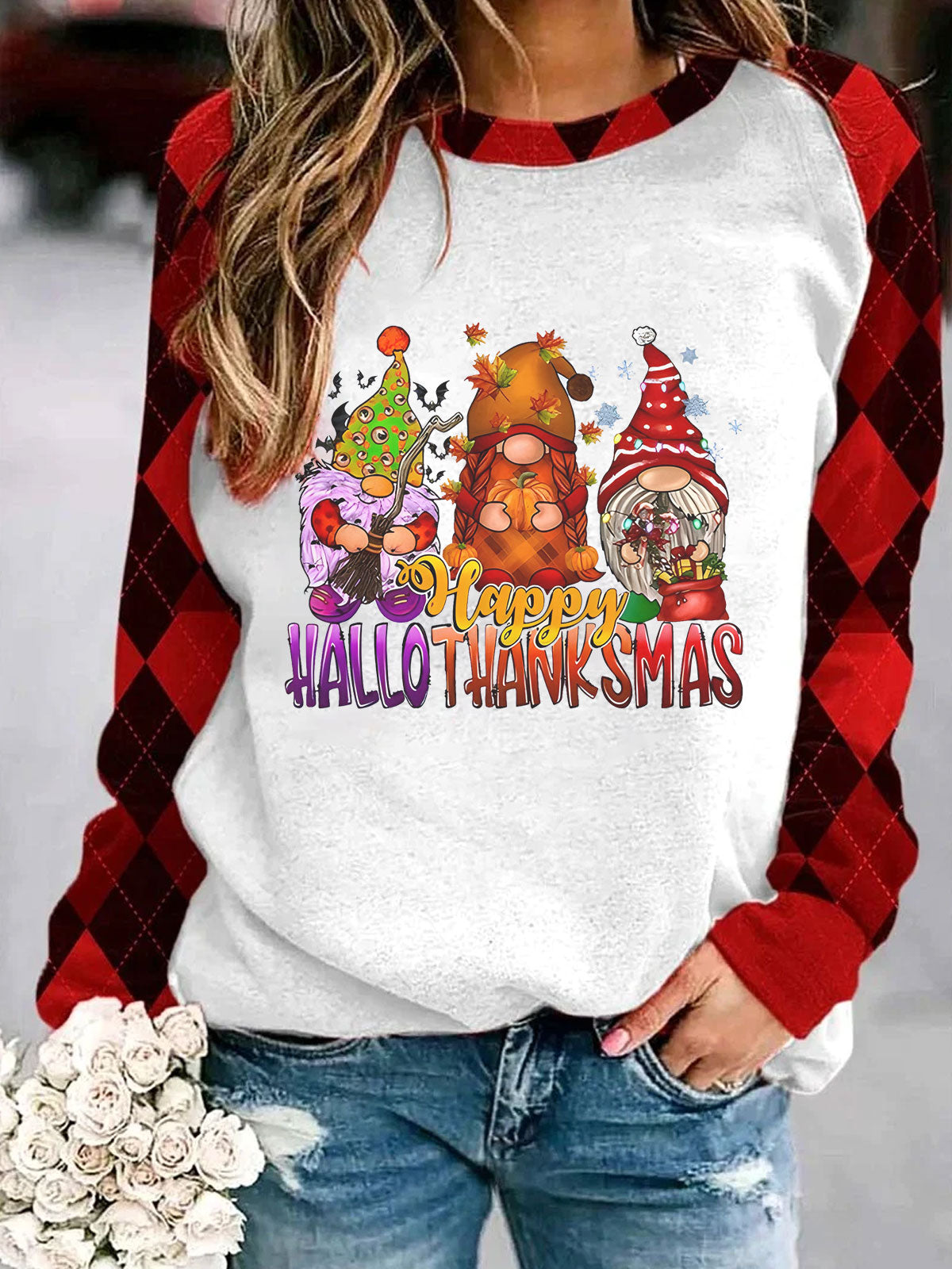 Happy Hallothanksmas Gnome Plaid Long Sleeve Shirt