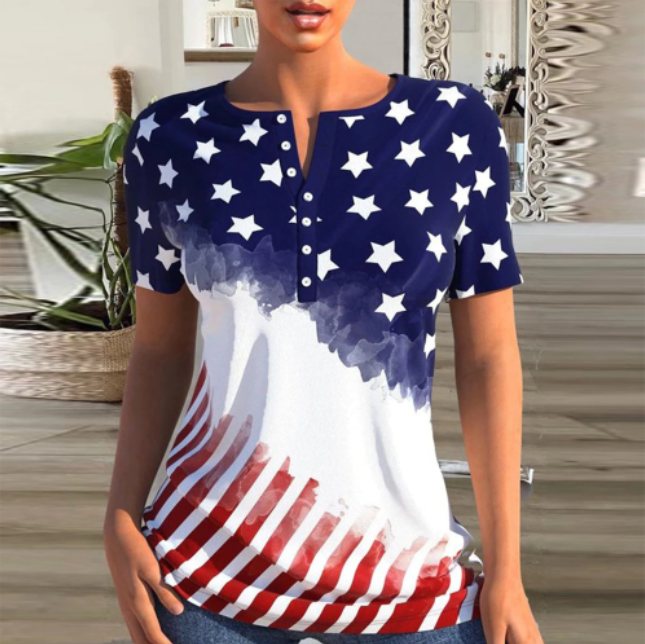 American Flag Fourth of July Button Front Henley Shirt top
