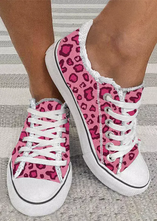 Leopard Lace Up Round Toe Flat Sneakers