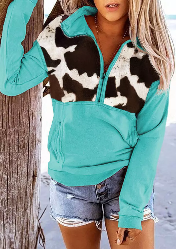 Cow Pocket Long Sleeve Zipper Collar Pullover Sweatshirt