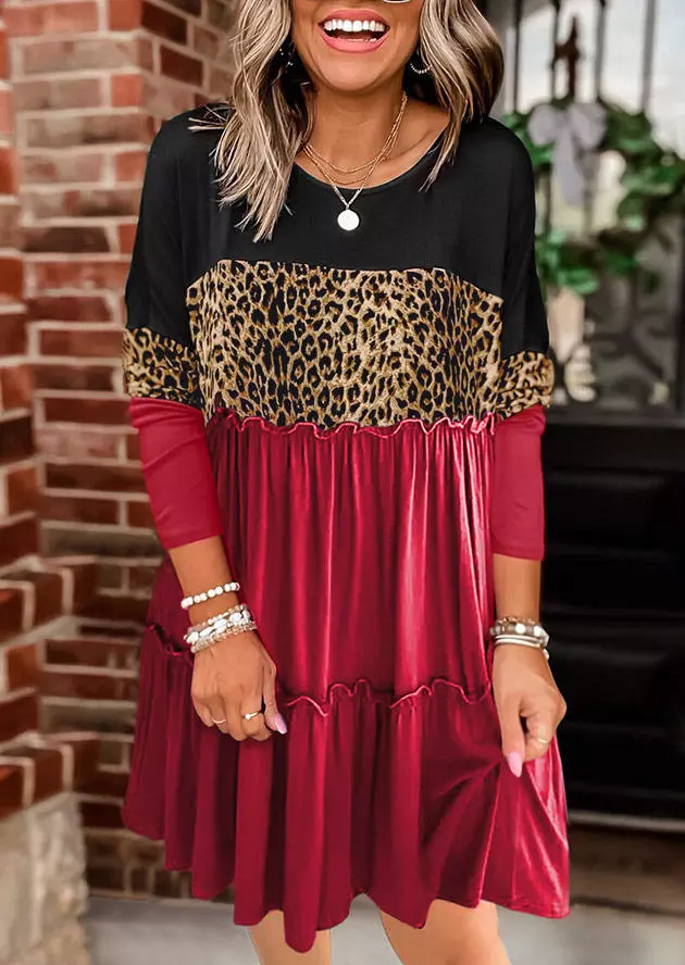 Leopard Color Block Ruffled Splicing Mini Dress - Red
