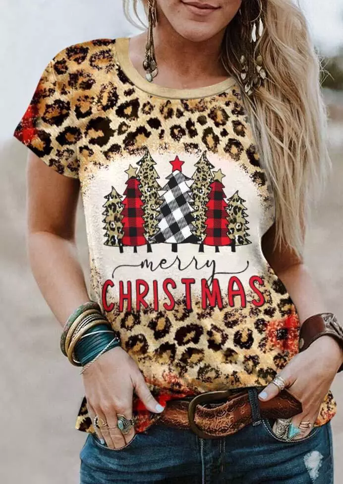 Merry Christmas Leopard Plaid Tree T-Shirt Tee