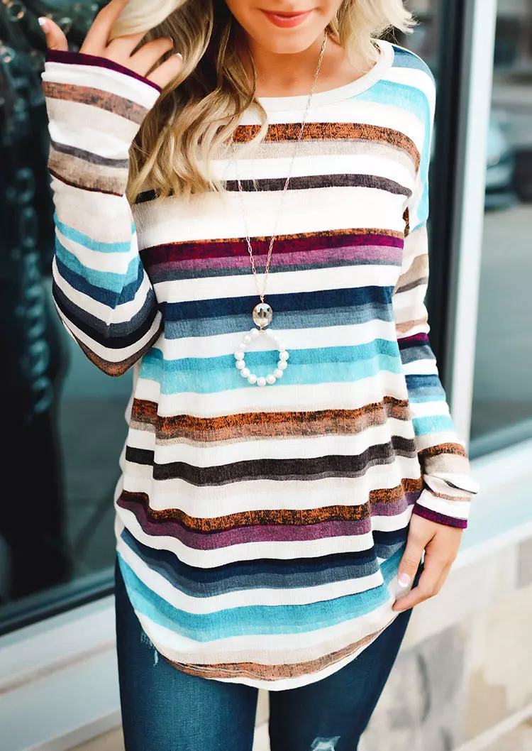 Colorful Striped O-Neck Long Sleeve Blouse