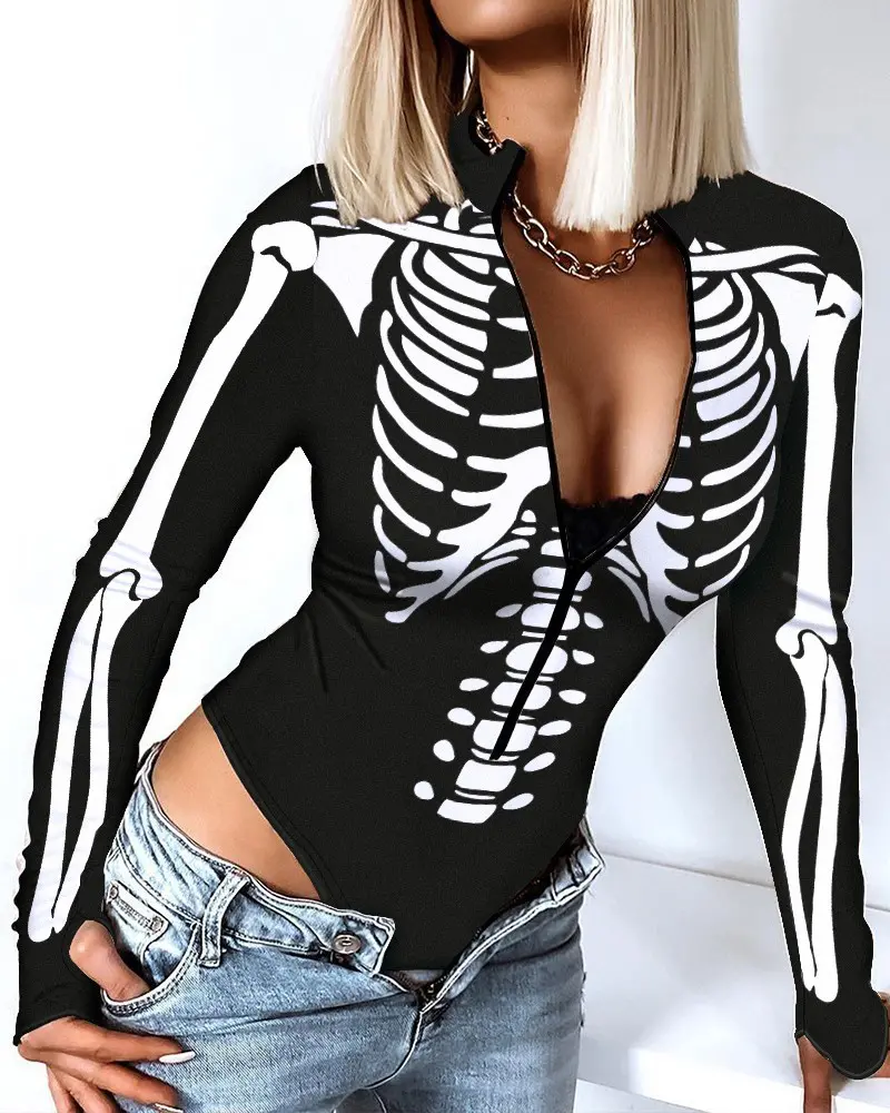 Halloween Skeleton Print Zip Front Long Sleeve Bodysuit