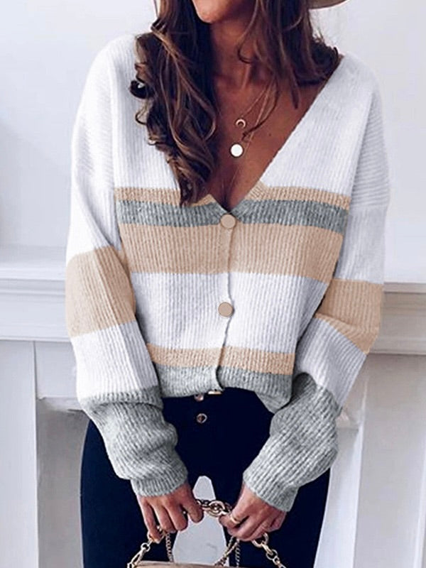 Women's Stripe Print Long Sleeve Sweaters Coatss