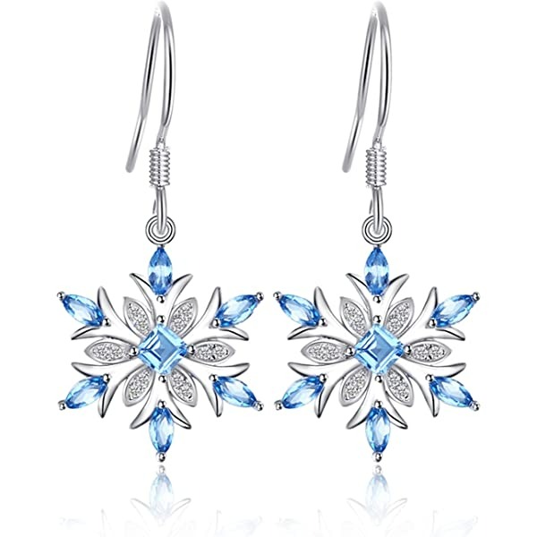 Flower Snowflake Earrings, Genuine Swiss Blue Topaz Dangle Earrings for Women, 14k Gold Plated 925 Sterling Silver Earrings for Women Dangle, Gemstones Birthstone Drop Earrings for Women