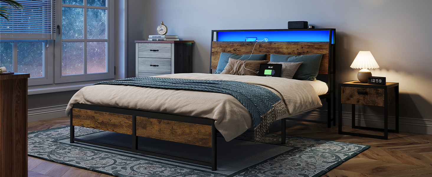 Multifunctional Bed Frame with Storage Shelves and Charging Station