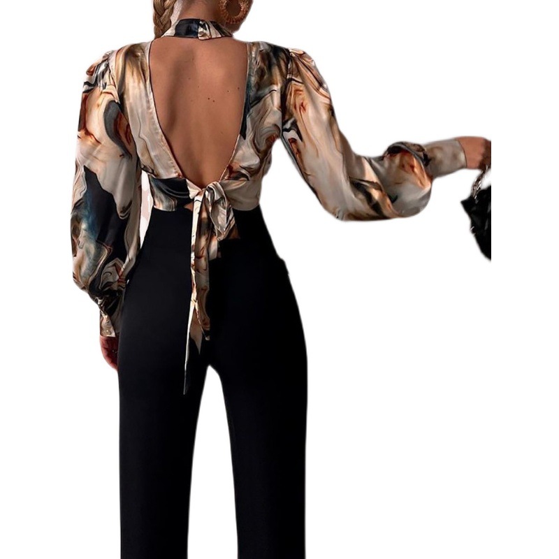 CASUAL HOLLOW PRINT LONG SLEEVE CROP TOP