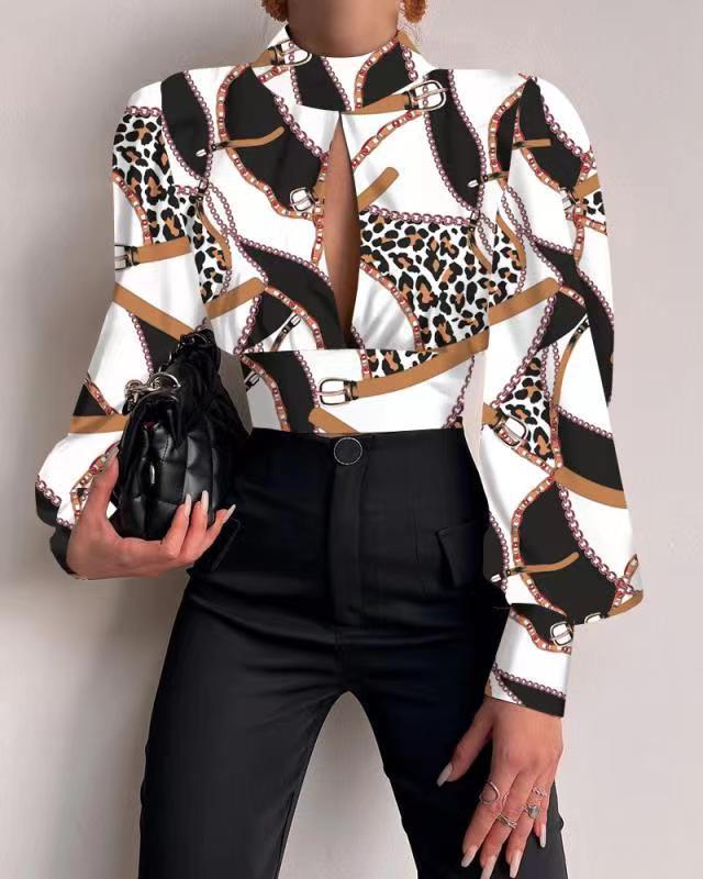 CASUAL HOLLOW PRINT LONG SLEEVE CROP TOP