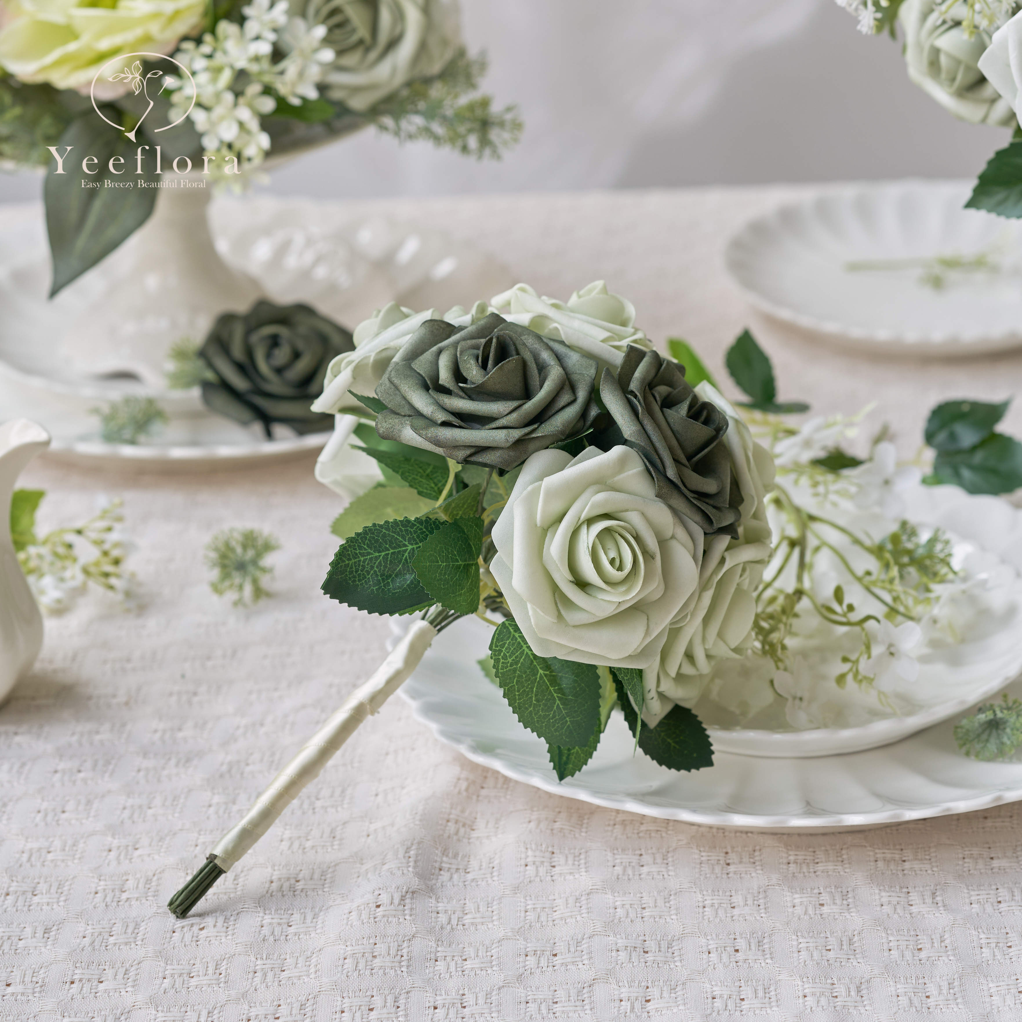 YEEFLORA Artificial Flowers, 25pcs Artificial Artificial Roses for DIY Wedding Bouquet Centerpieces, Lime Green Foam Flowers with Stems, Bridal Shower Party Home Decor