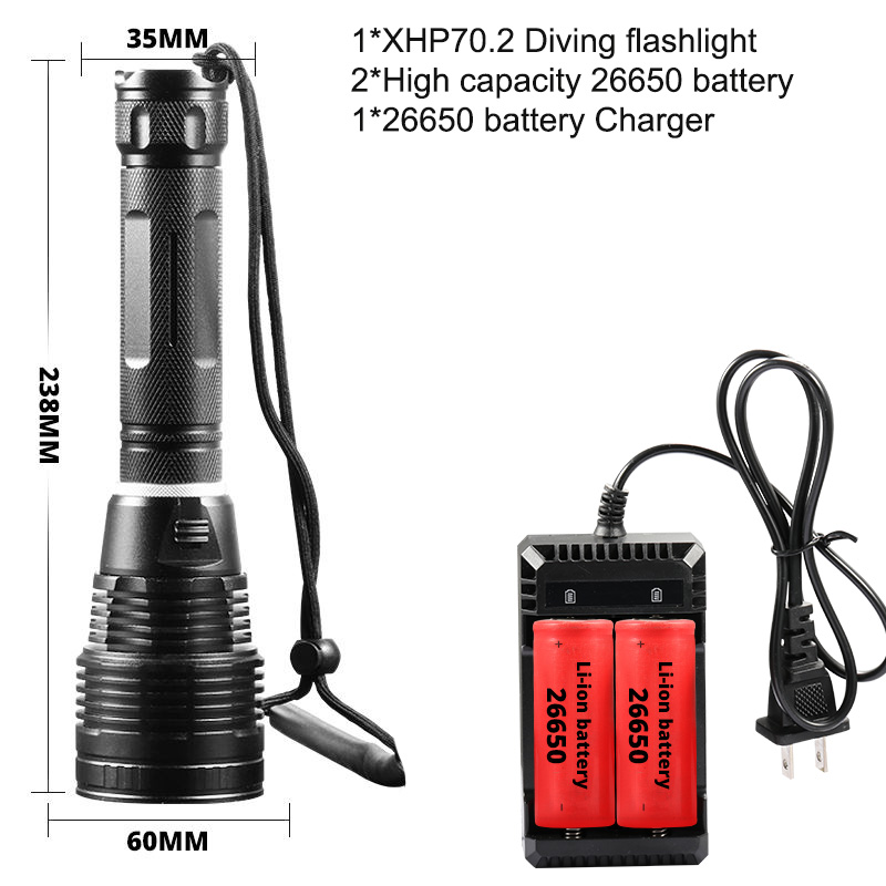 Super Bright XHP70.2 Diving Flashlight IPX8 Highest Waterproof Rating Professional Dive Light Powered By 26650 Battery Hand Rope
