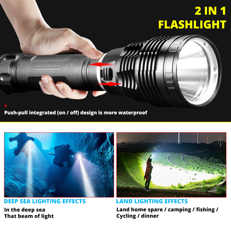Super Bright XHP70.2 Diving Flashlight IPX8 Highest Waterproof Rating Professional Dive Light Powered By 26650 Battery Hand Rope