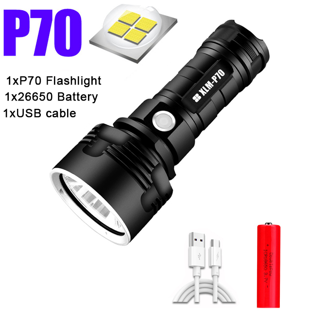 LED Flashlight High Lumens XLM-P70 Most Powerful USB No Battery Rechargeable Waterproof Ultra Bright Lantern Camping Hand Lamp