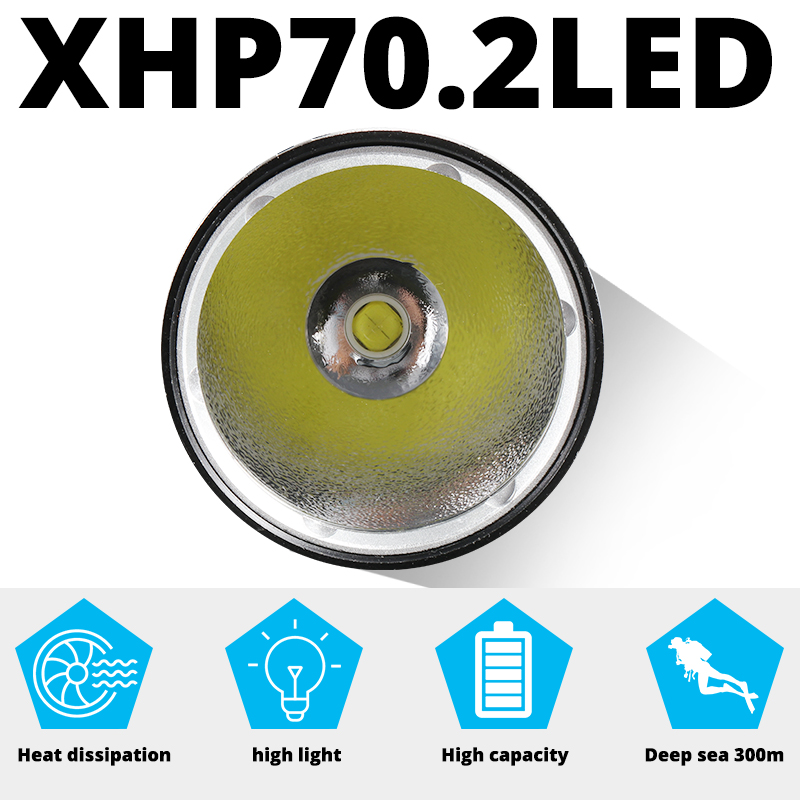 Super Bright XHP70.2 Diving Flashlight IPX8 Highest Waterproof Rating Professional Dive Light Powered By 26650 Battery Hand Rope