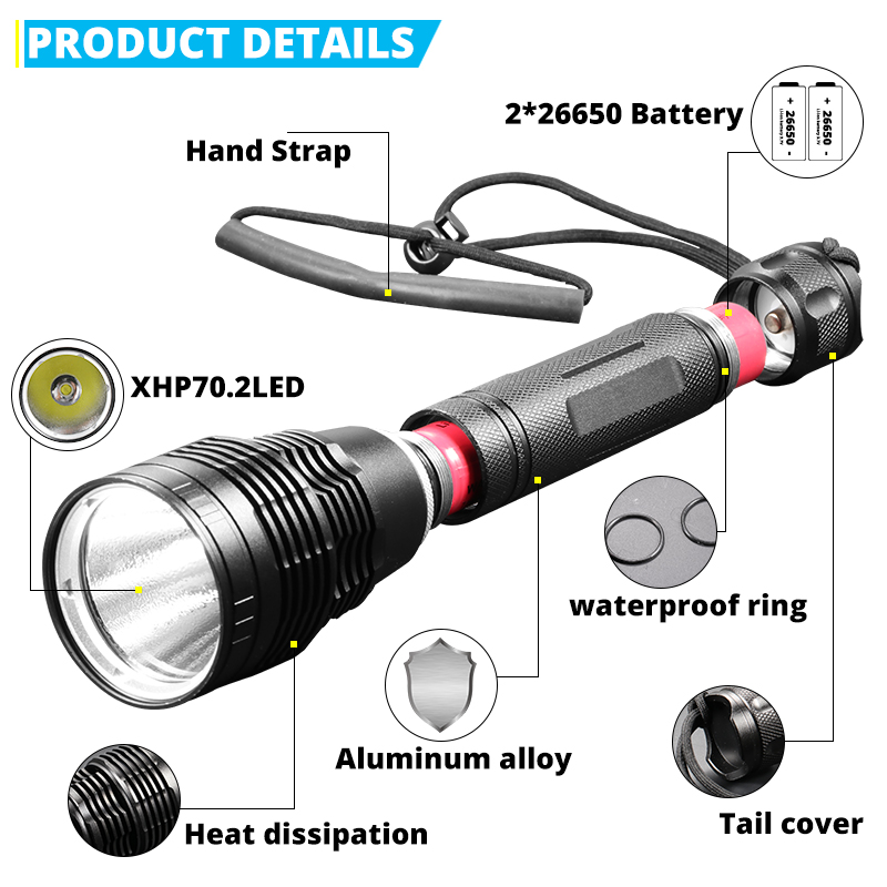 Super Bright XHP70.2 Diving Flashlight IPX8 Highest Waterproof Rating Professional Dive Light Powered By 26650 Battery Hand Rope