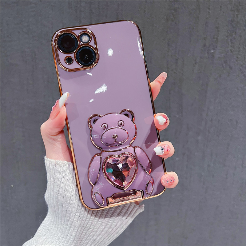Electroplating Crystal Bear Bracket Case Cover For iPhone