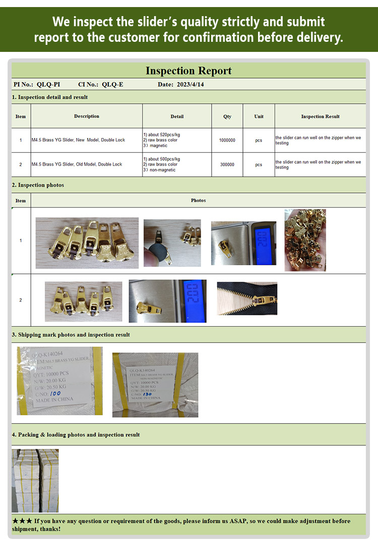 Brass Yg slider 's quality stricty and submit report to the customer