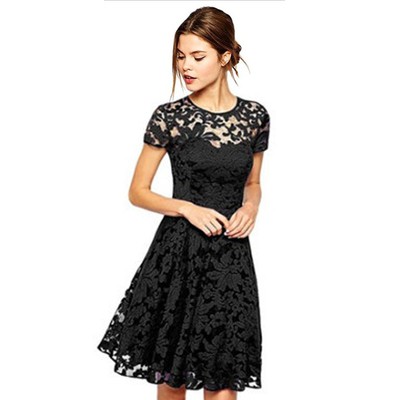 Dorință temperament moda rochie de moda rotund gât cu mânecă scurtă dantelă
