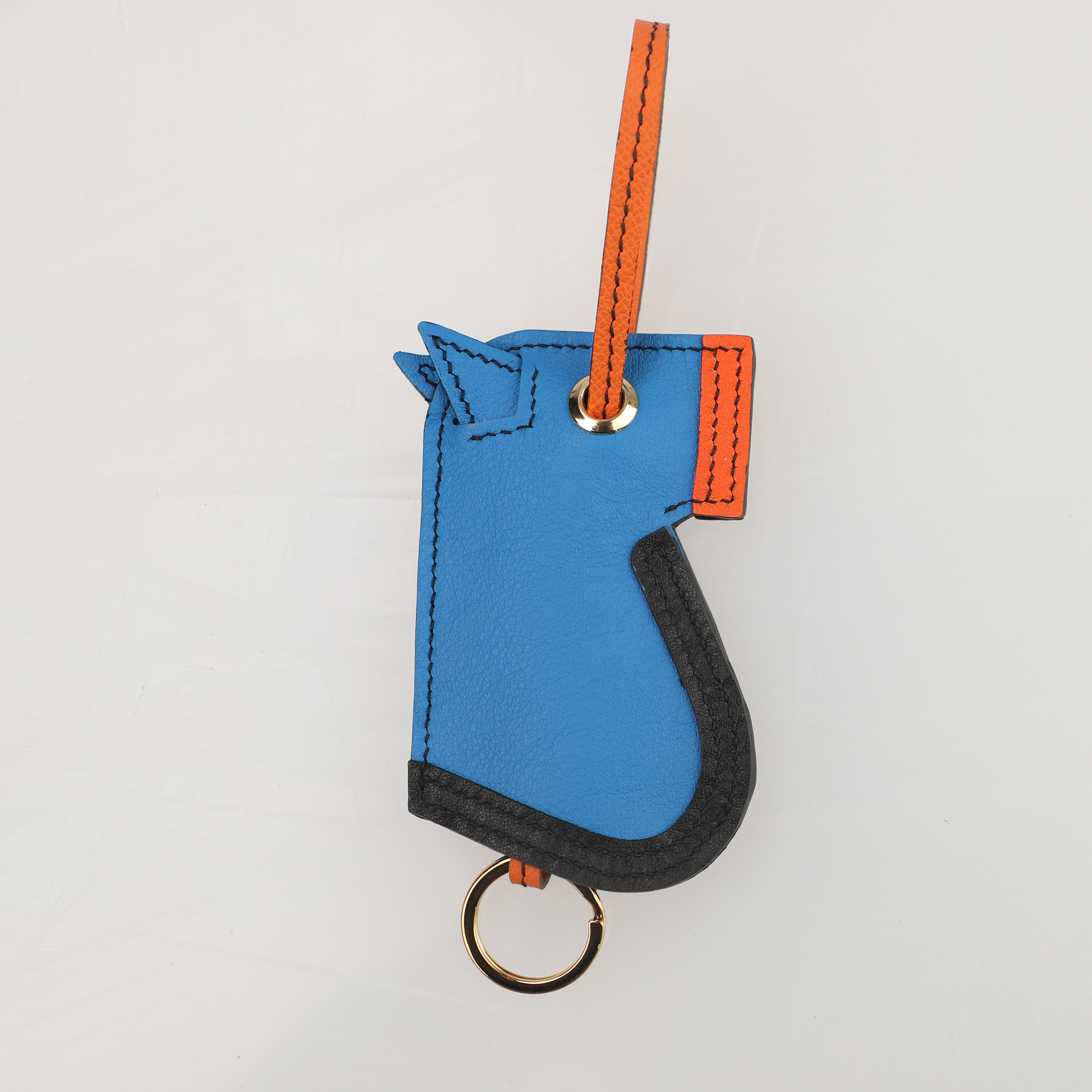 Camail Key Ring Bag Charm Blue/Orange/Black in swift leather Handmade and hand stitching