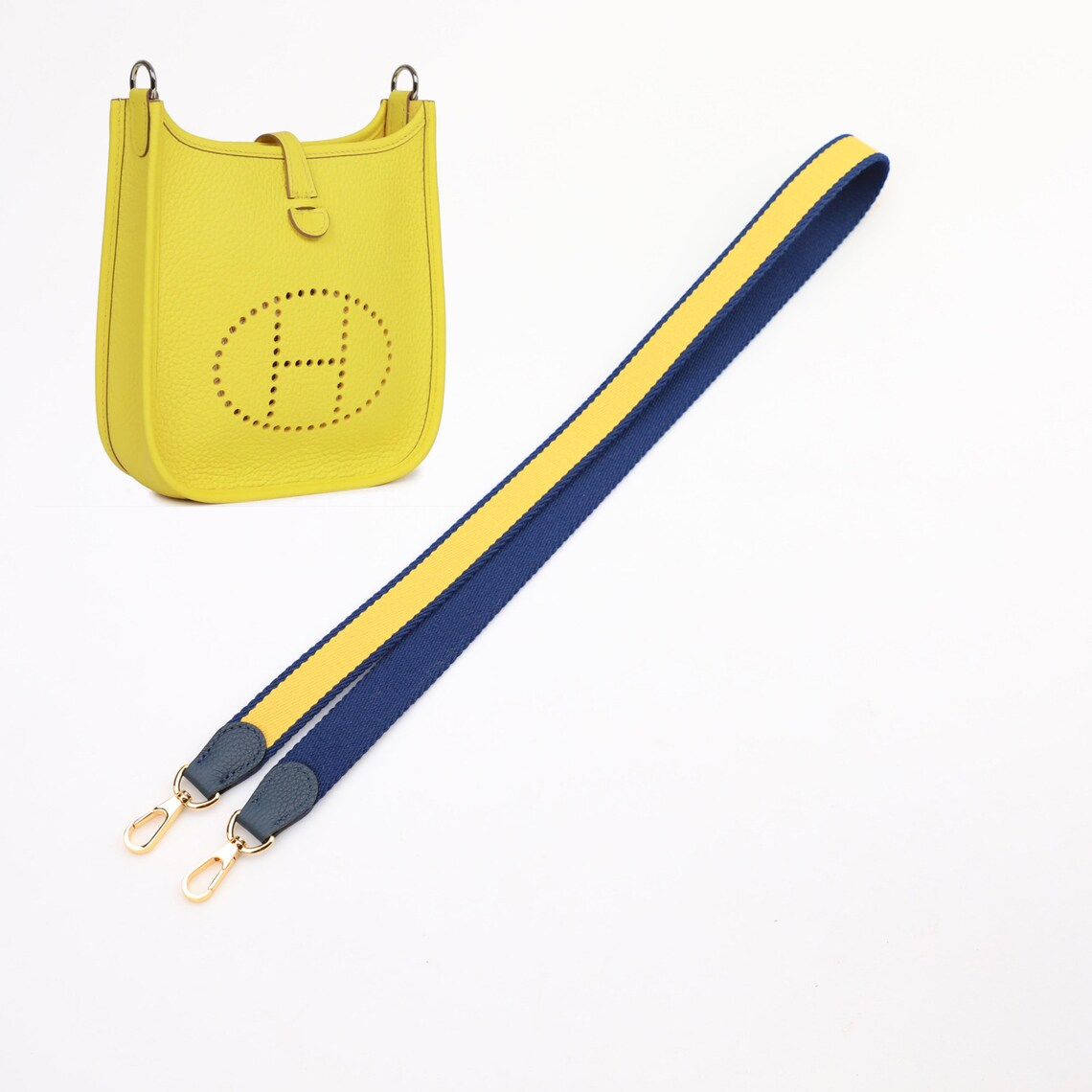 1" Wide Bi-Color Deep Blue/Lime Canvas and Togo Leather shoulder strap for Evelyne TPM