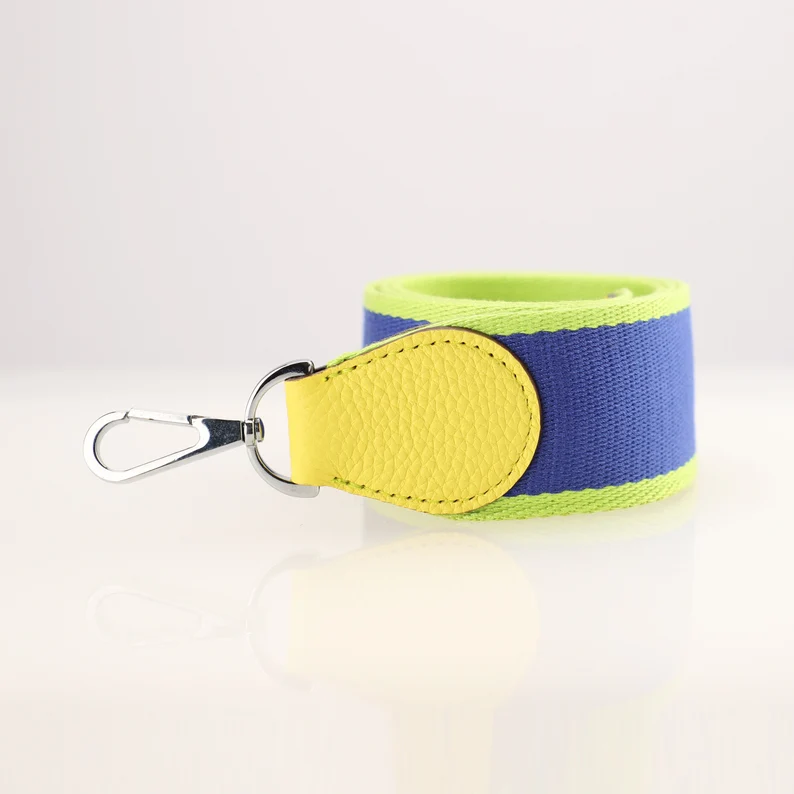Handamde The 2" wide Blue Electric/Apple Green canvas and togo leather shoulder strap for brand bag,guita strap,crossbody strap