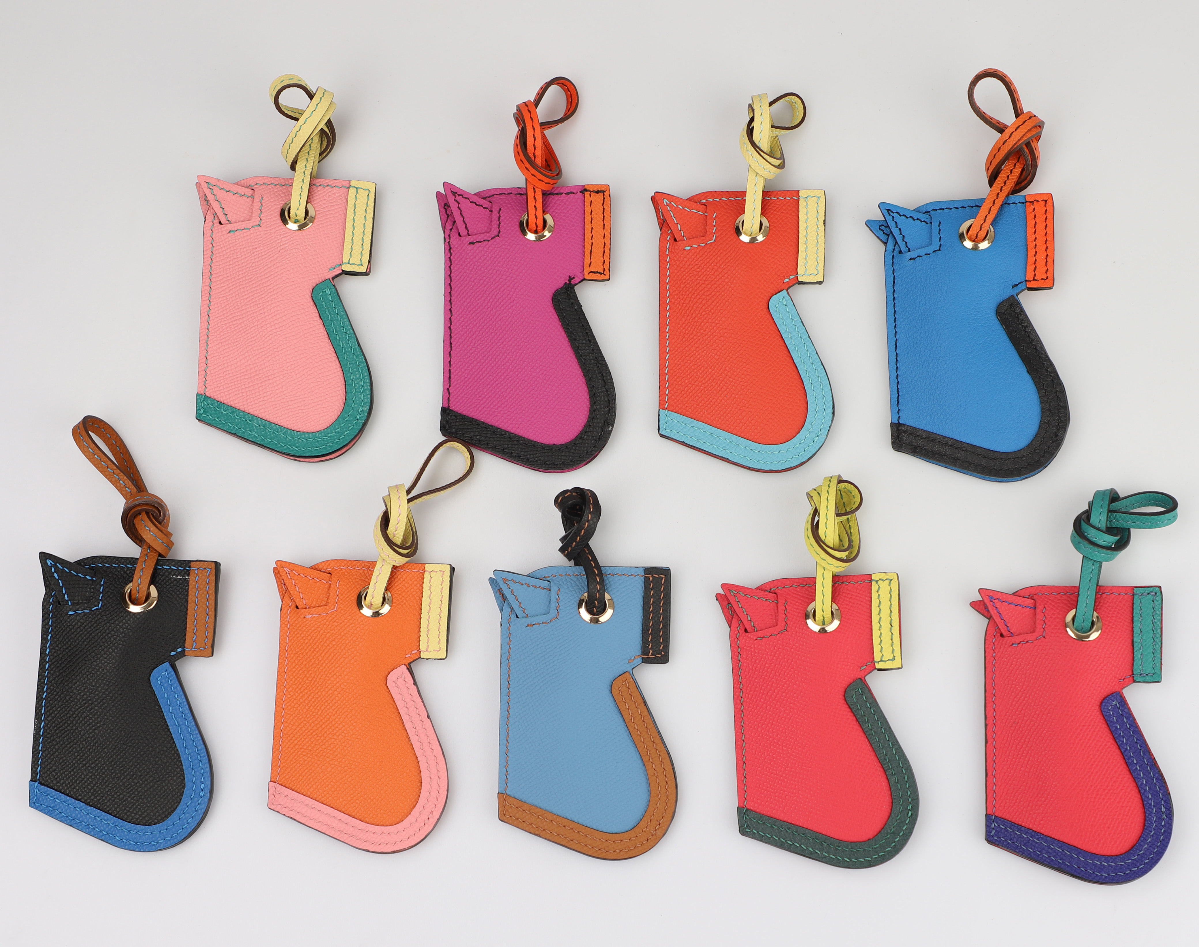 Camail Key Ring Bag Charm Black/Bleu Zellige/Ambre  in Epsom leather Handmade and hand stitching