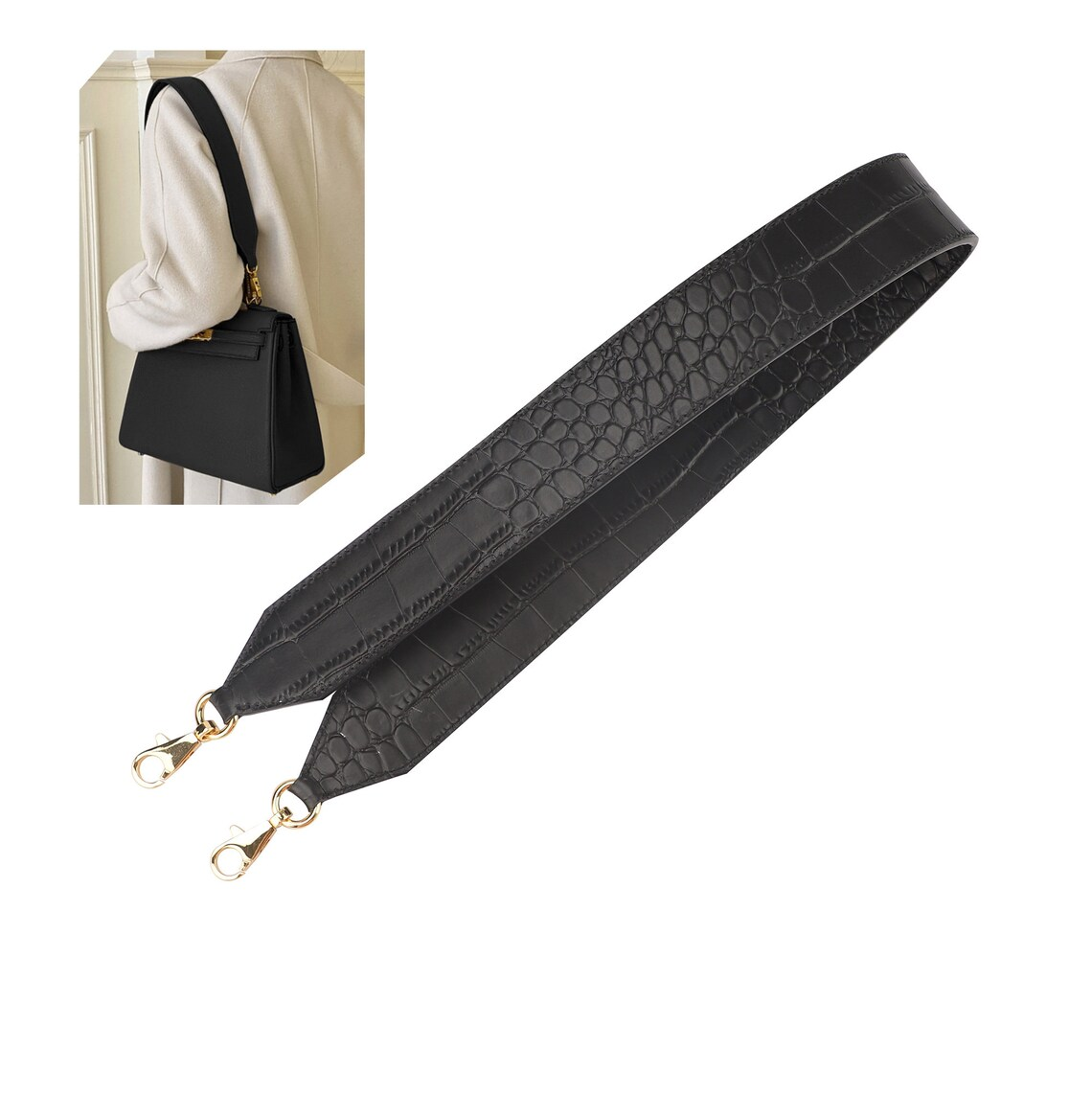 40mm Width Black Crocodile embossing Leather Kelly Bag Shoulder Strap,Crossbody Strap For Kelly Bag,Shoulder Strap For Bolide Bag