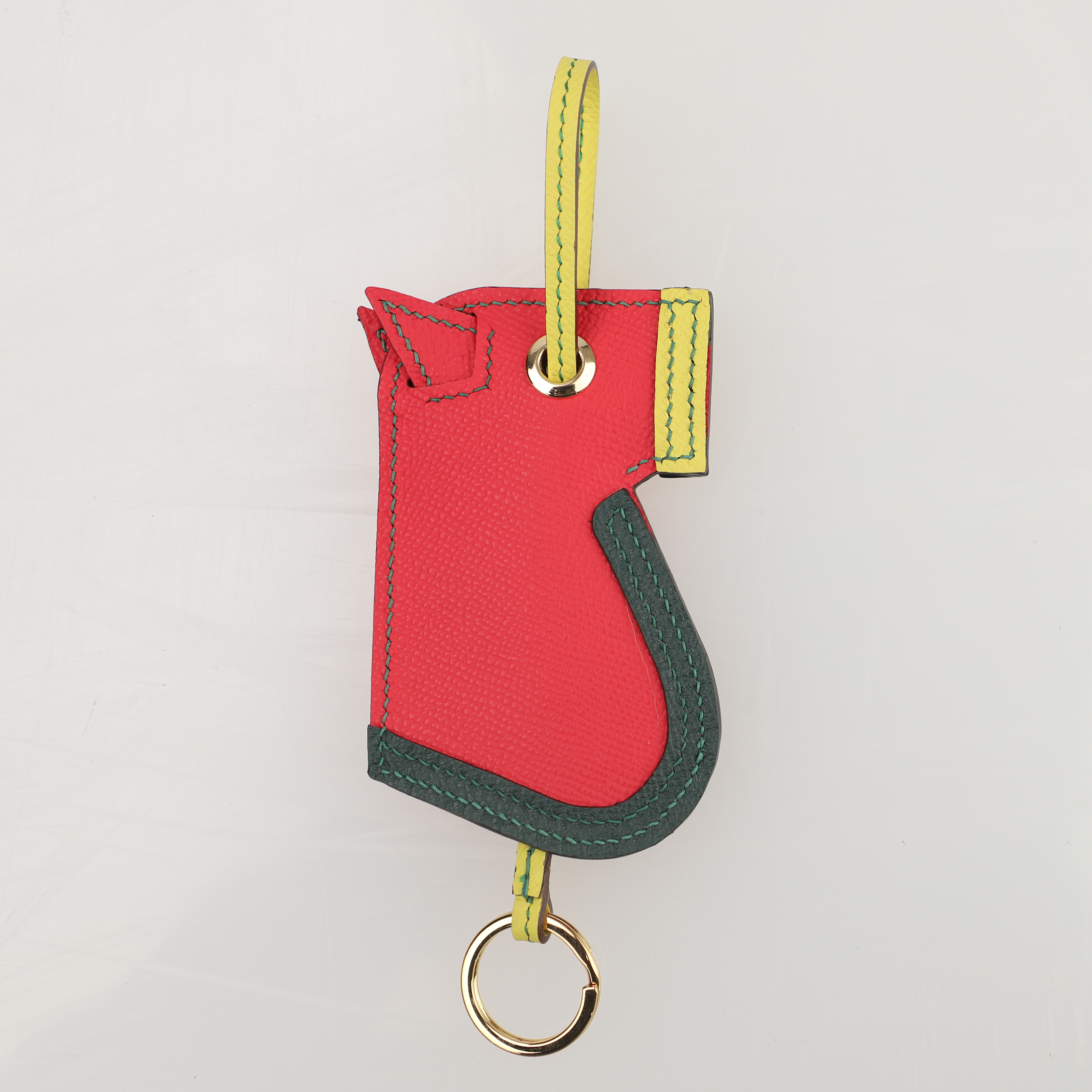 Camail Key Ring Bag Charm striking pink, green and yellow in epsom leather Handmade and hand stitching