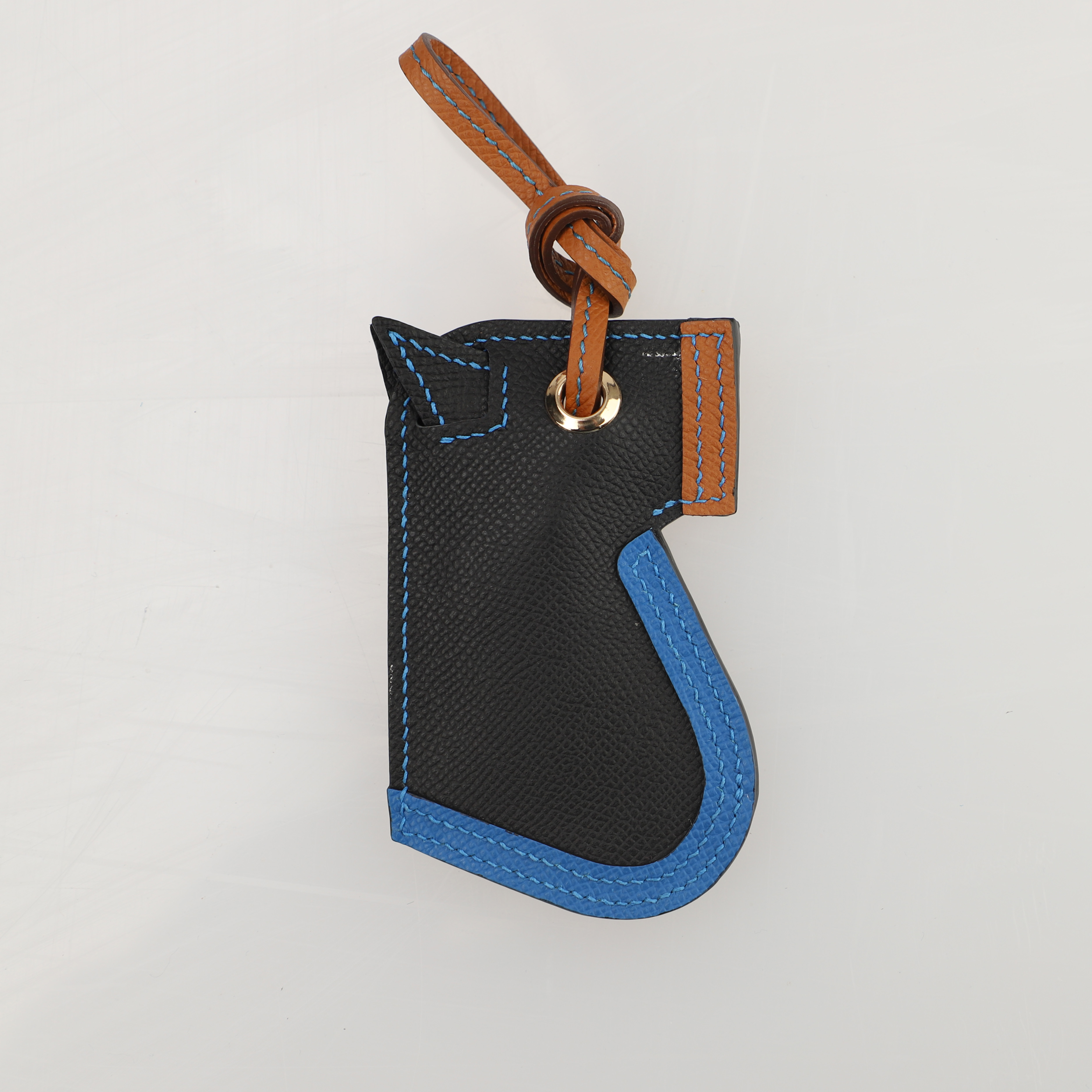 Camail Key Ring Bag Charm Black/Bleu Zellige/Ambre  in Epsom leather Handmade and hand stitching