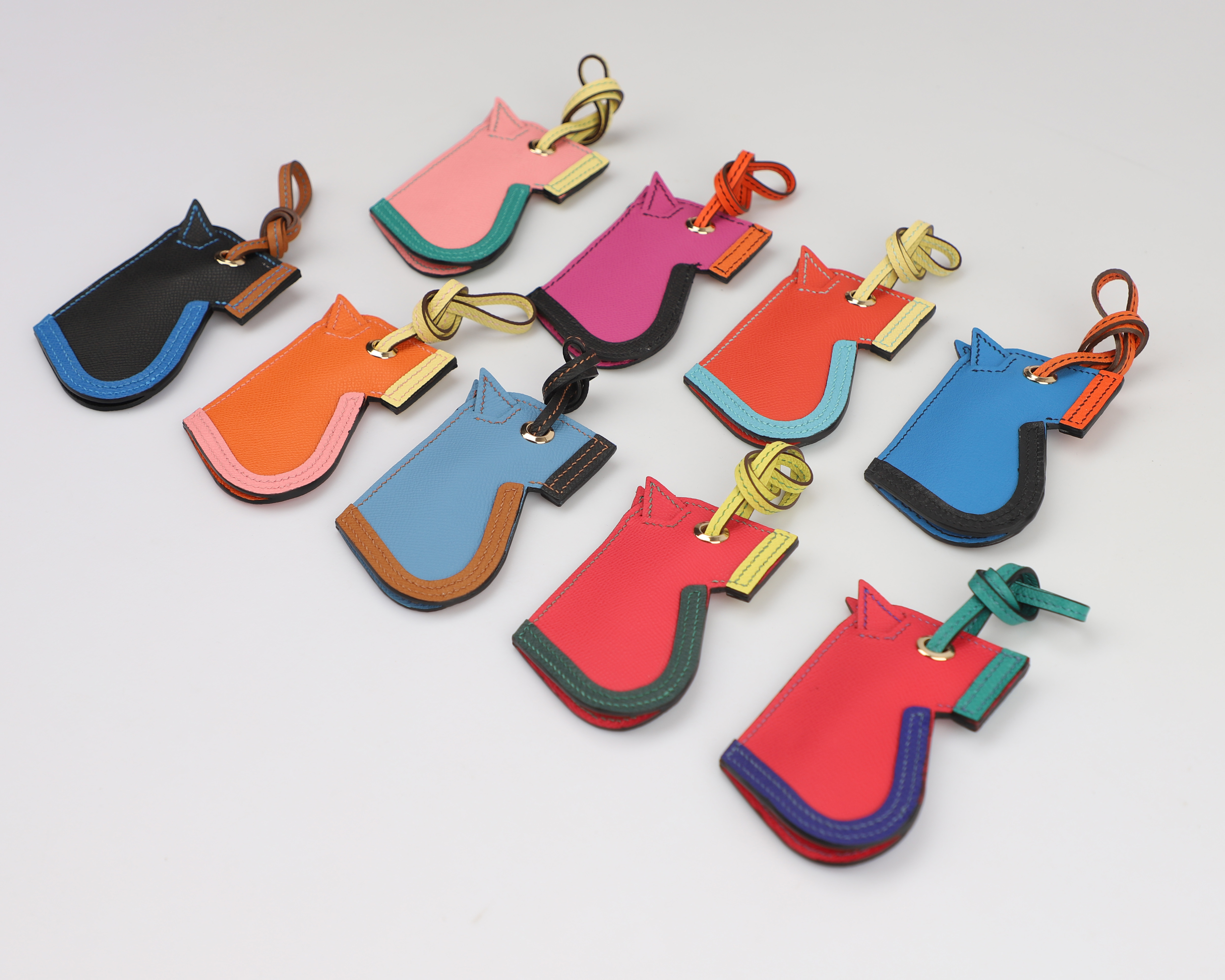 Camail Key Ring Bag Charm Black/Bleu Zellige/Ambre  in Epsom leather Handmade and hand stitching