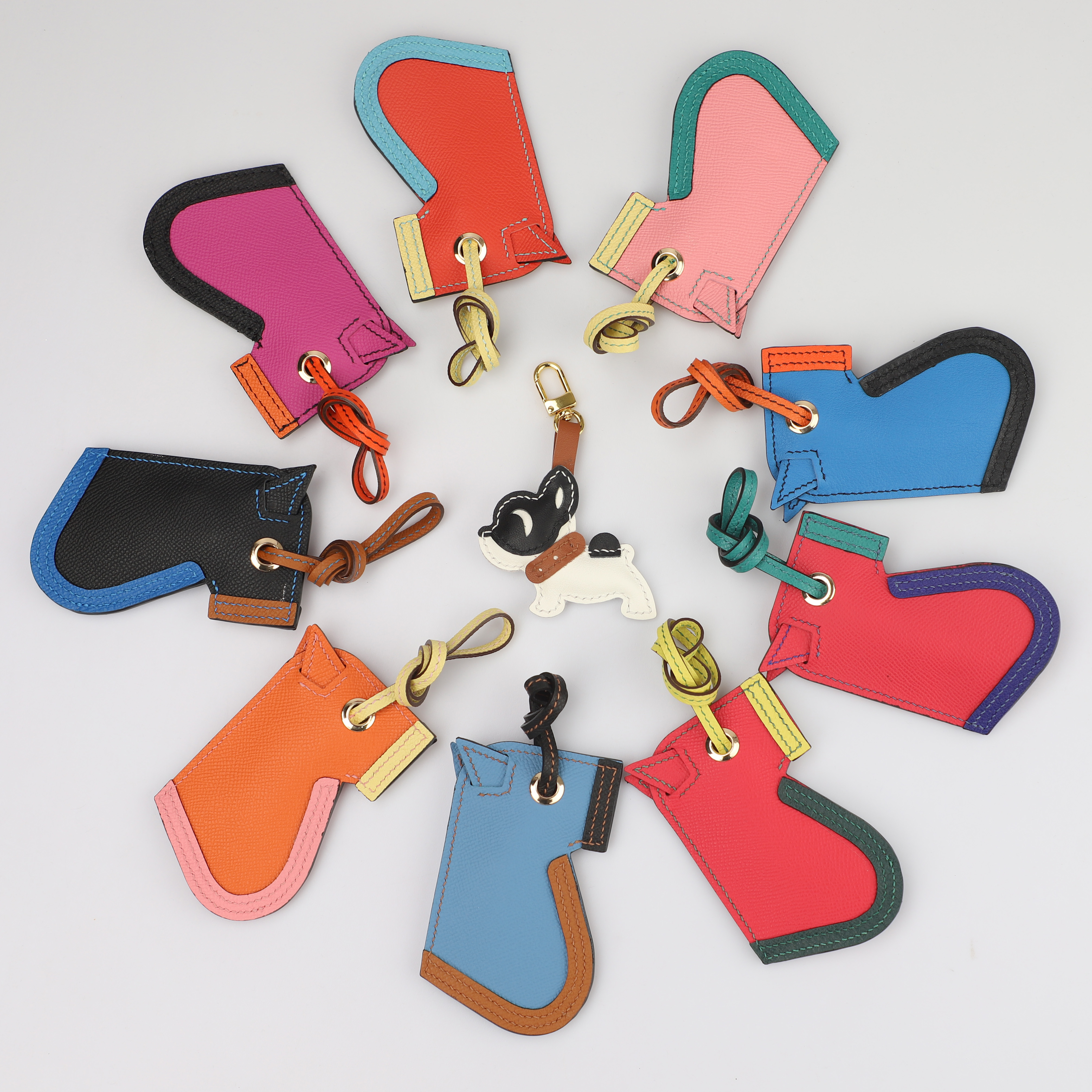 Camail Key Ring Bag Charm Black/Bleu Zellige/Ambre  in Epsom leather Handmade and hand stitching