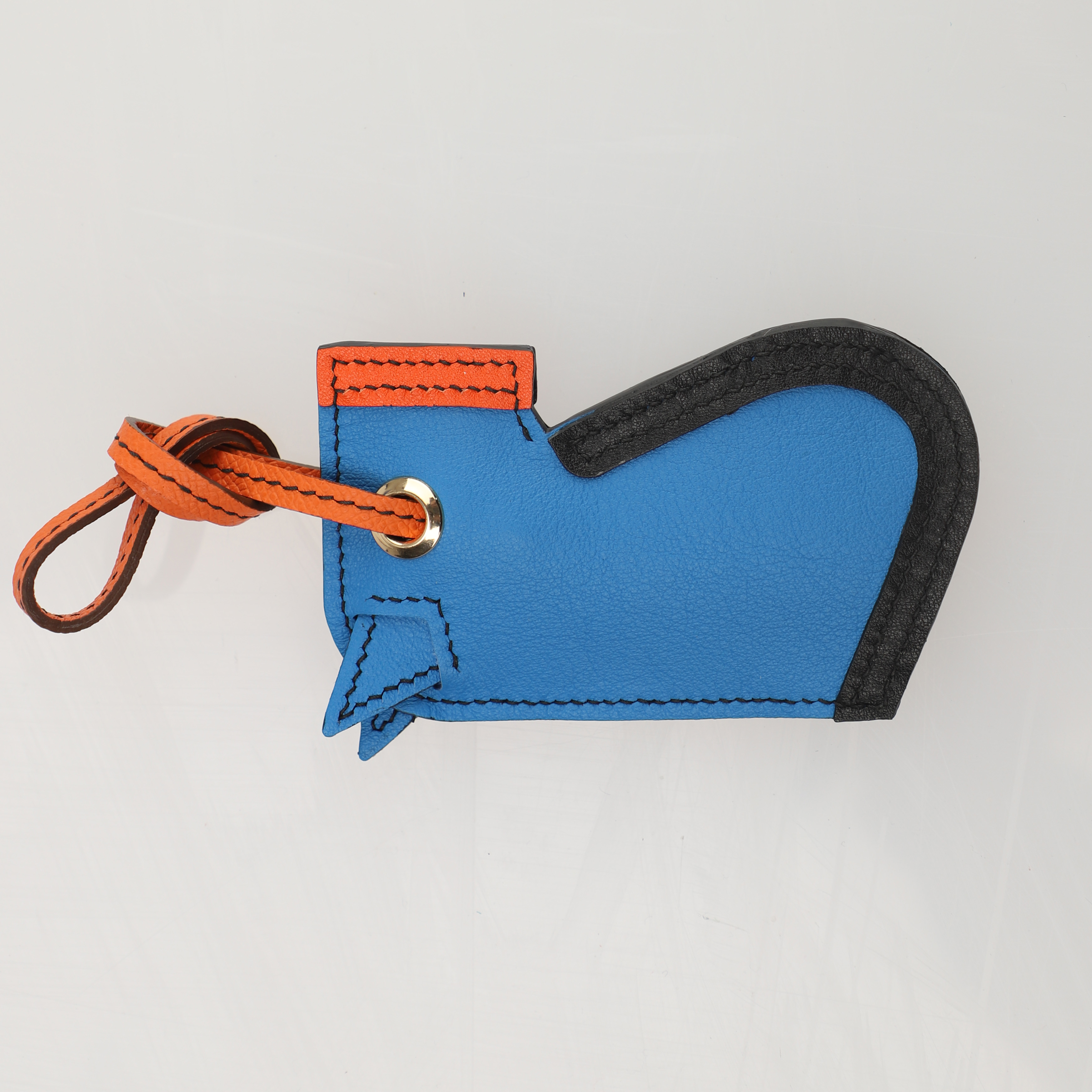 Camail Key Ring Bag Charm Blue/Orange/Black in swift leather Handmade and hand stitching