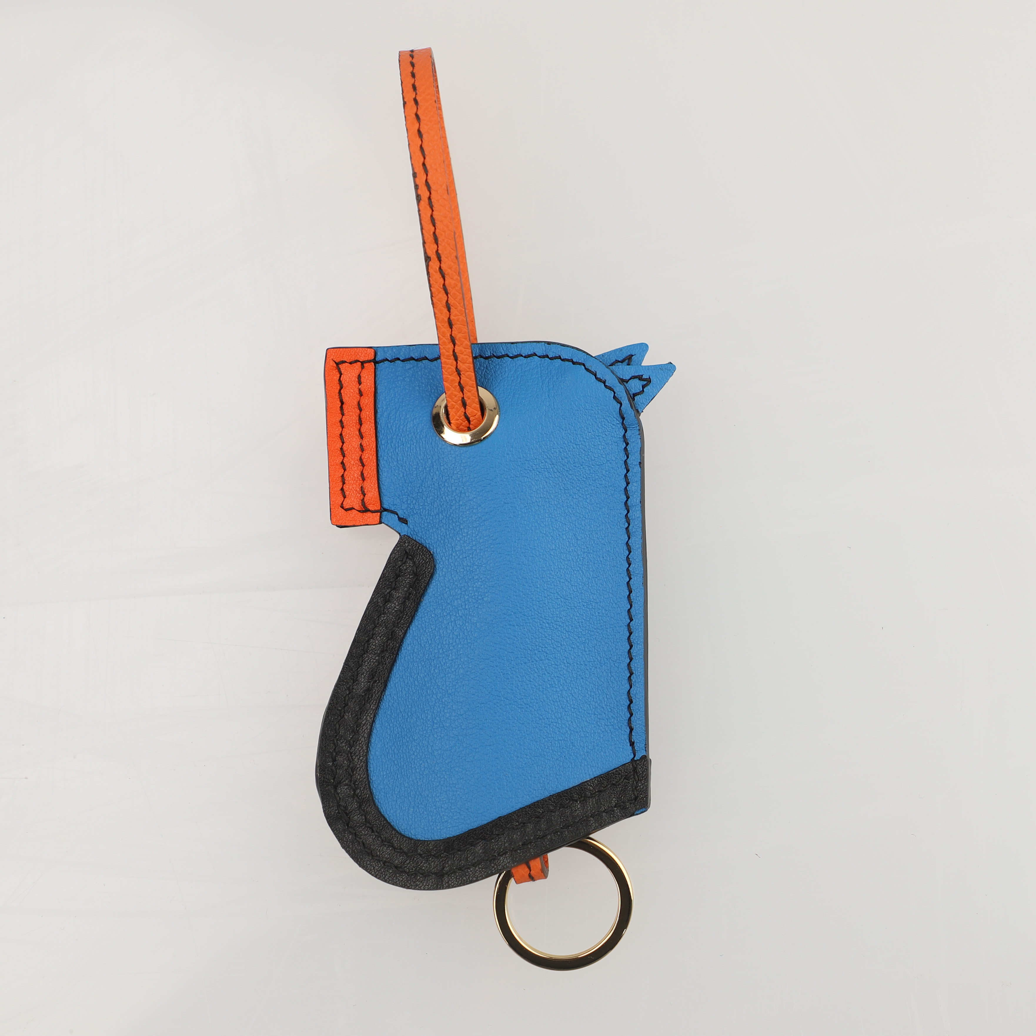 Camail Key Ring Bag Charm Blue/Orange/Black in swift leather Handmade and hand stitching