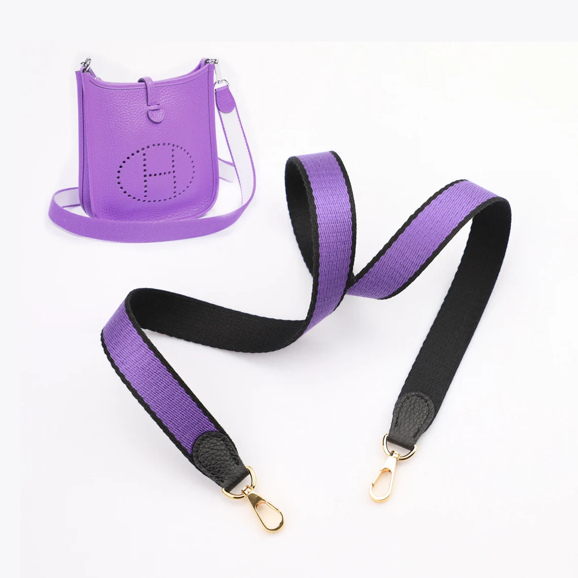 1" Wide Bi-Color Black/Purple Canvas and Togo Leather shoulder strap for Evelyne TPM