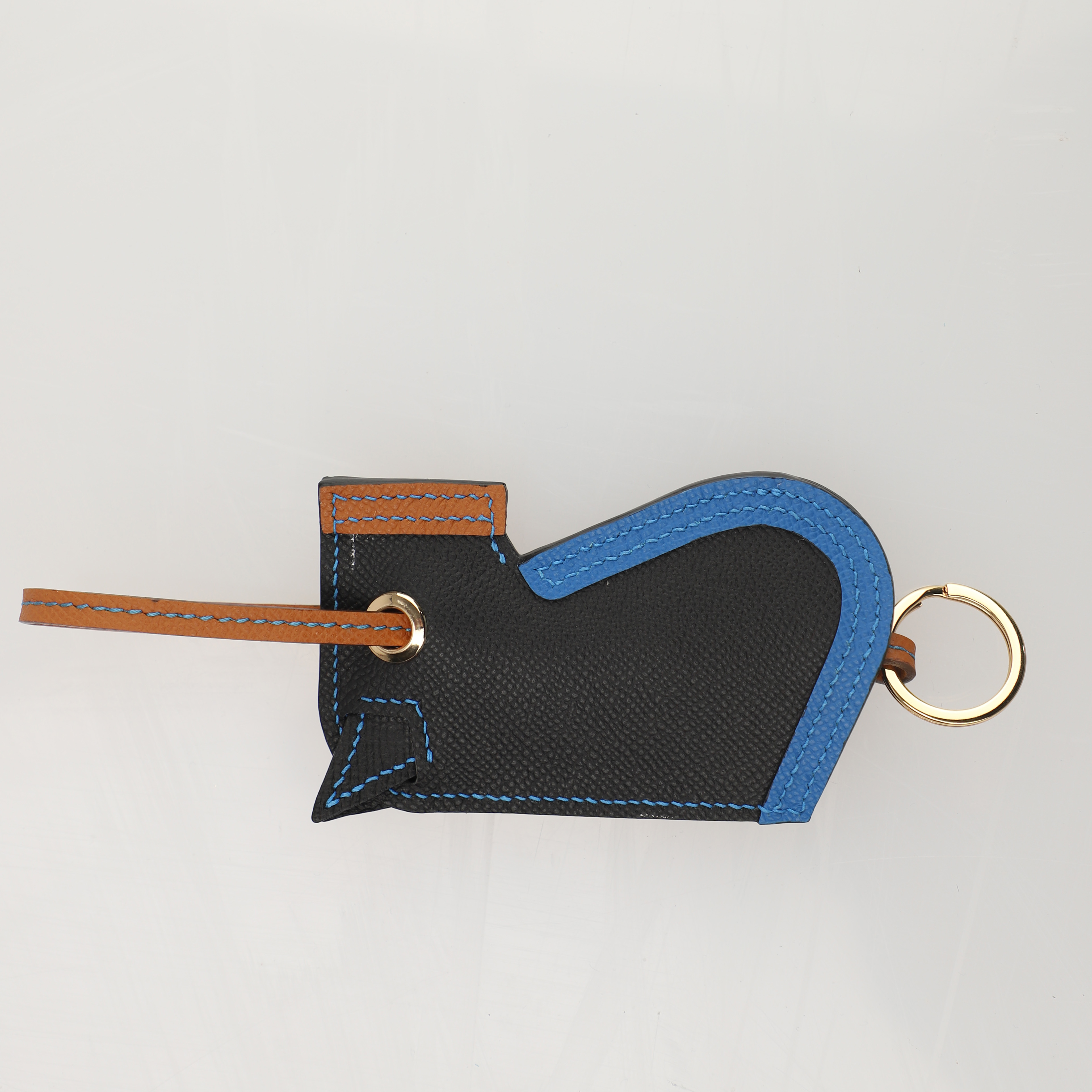 Camail Key Ring Bag Charm Black/Bleu Zellige/Ambre  in Epsom leather Handmade and hand stitching