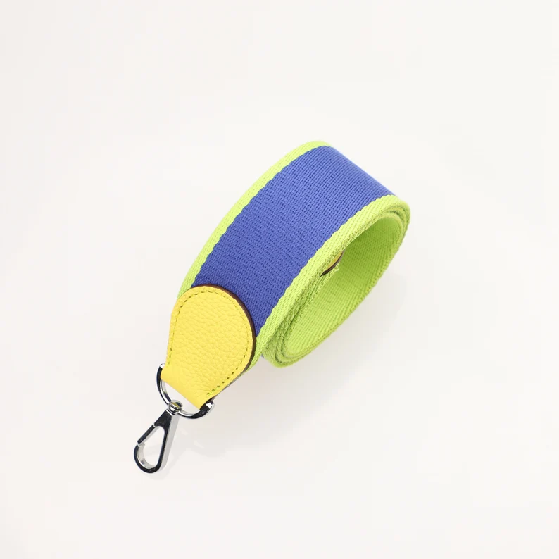 Handamde The 2" wide Blue Electric/Apple Green canvas and togo leather shoulder strap for brand bag,guita strap,crossbody strap