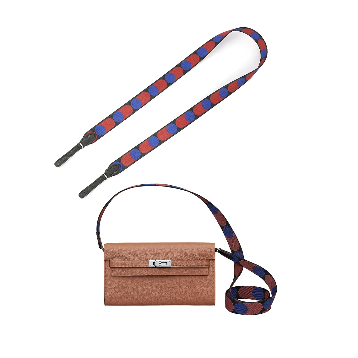 25 mm Sangle Flipperball To Go Kelly long wallet strap in Flipperball canvas and Epsom calfskin Leather with palladium hardware