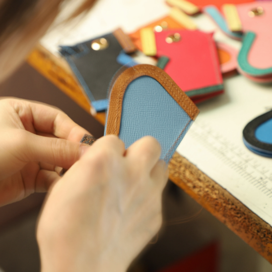 Camail Key Ring Bag Charm Black/Bleu Zellige/Ambre  in Epsom leather Handmade and hand stitching