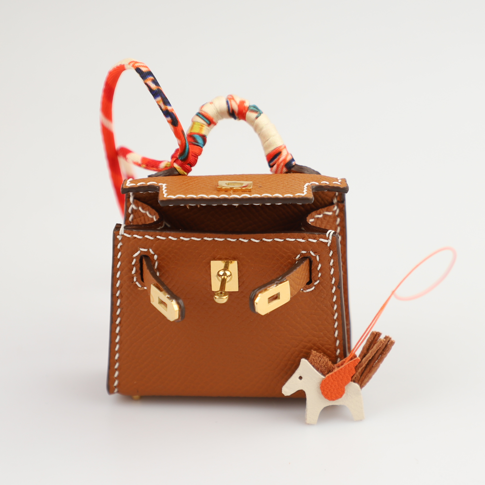 Auth Hermes Petit H Snowman Bag Charm Cuivre Red Cafe Dk Chocolate Gold  Silk
