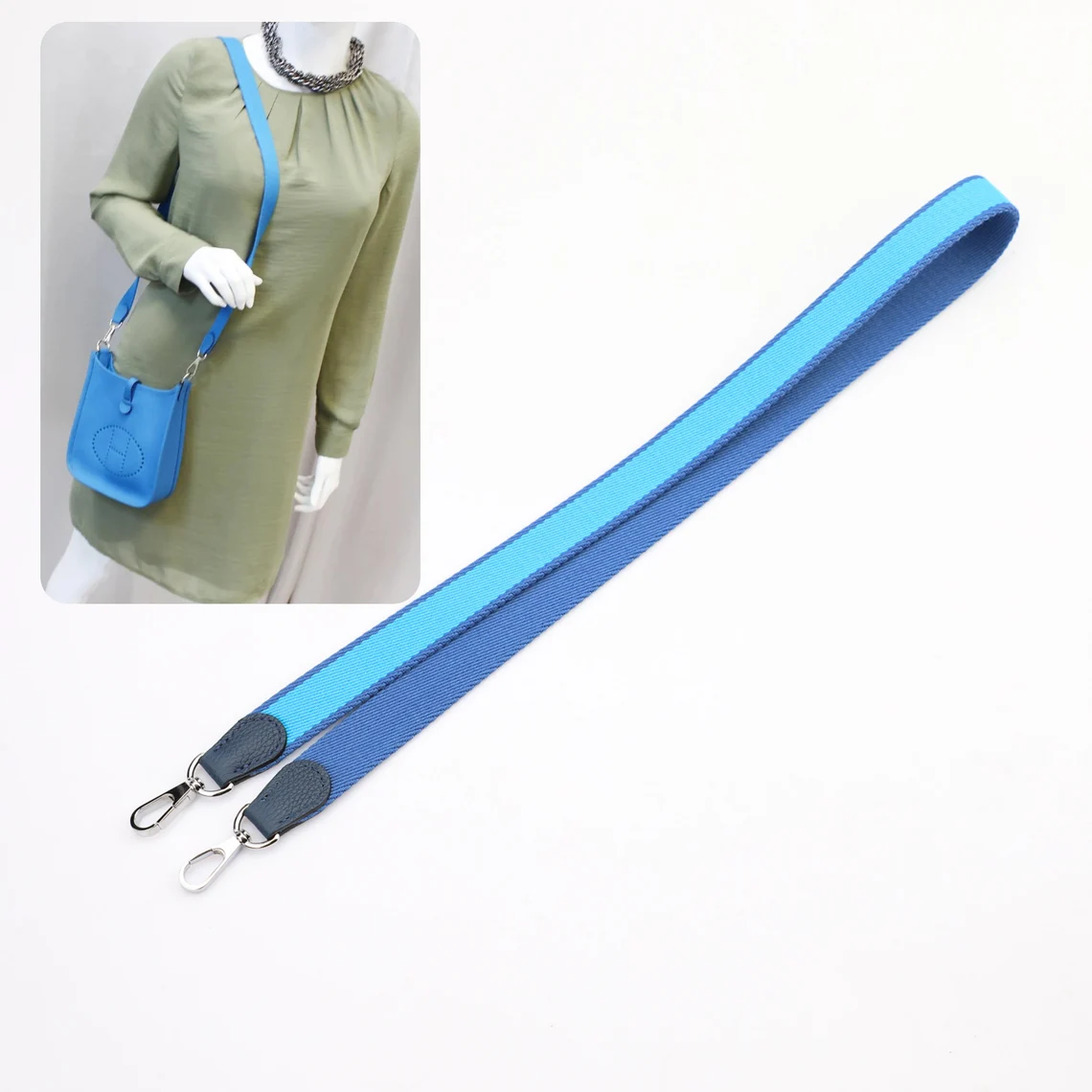 1" Wide Bi-Color Blue De presse/Blue Aztec Canvas and Togo Leather shoulder strap for Evelyne TPM