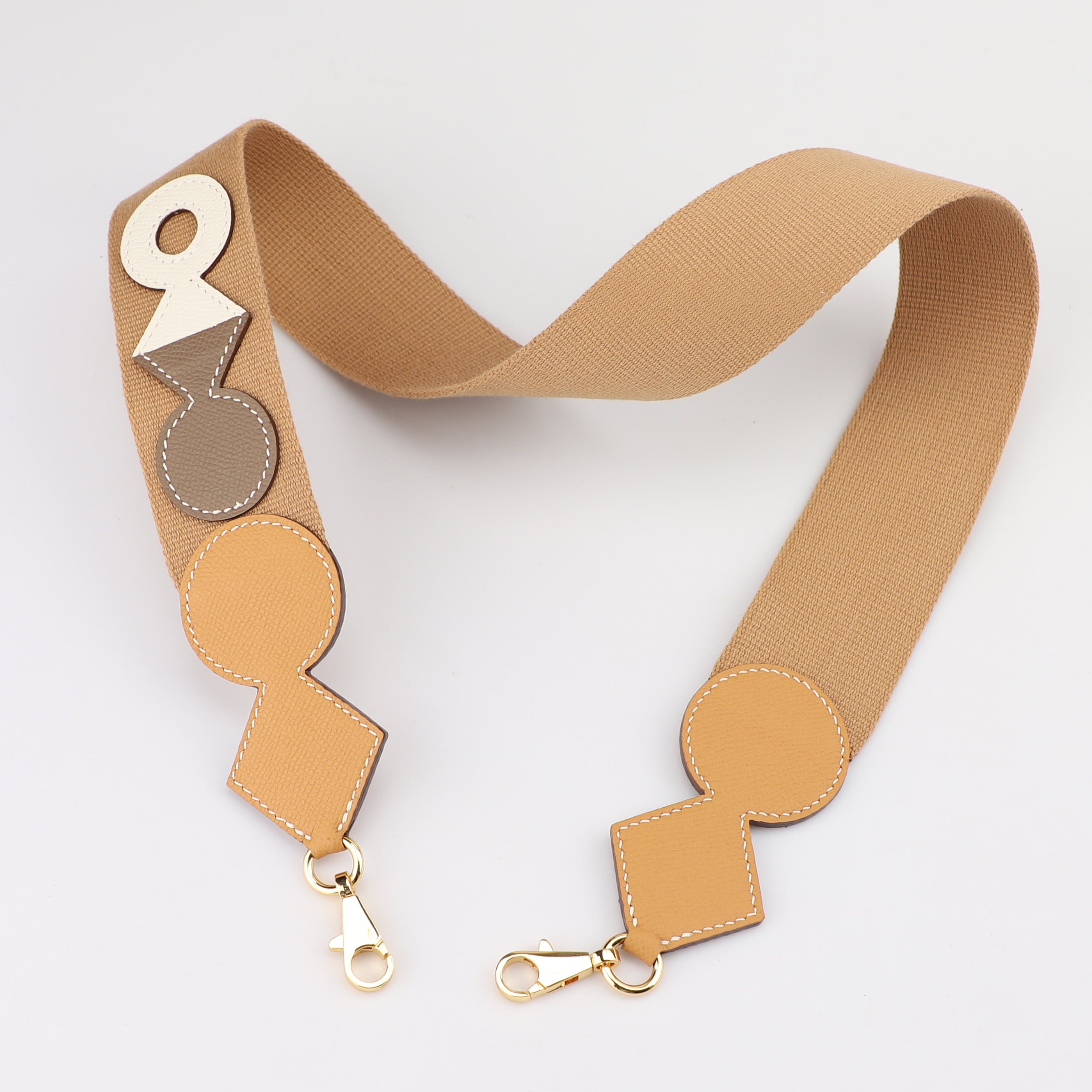 Attelage bag strap in Wooly canvas and Epsom calfskin with gold plated hardware, large snap hook 50mm