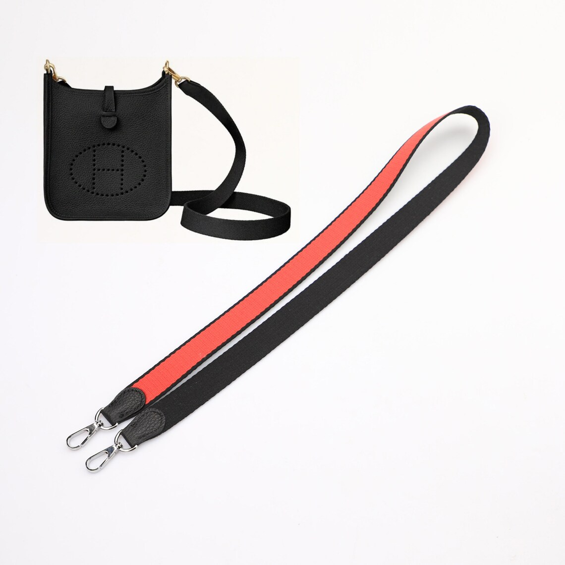 1" Wide Bi-Color Black/Red Canvas and Togo Leather shoulder strap for Evelyne TPM